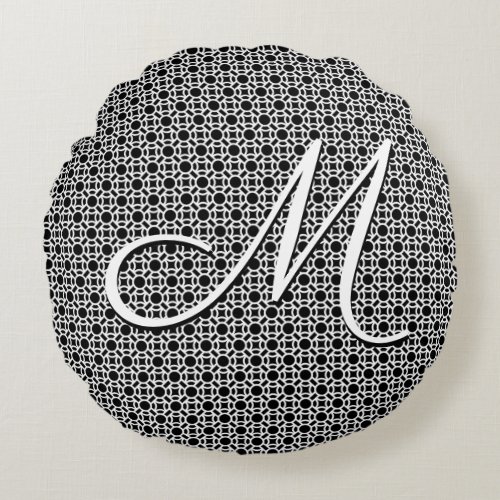 Black  White Geometric Initial Monogram Round Pillow