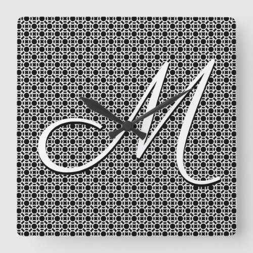 Black  White Geometric Initial Monogram Square Wall Clock