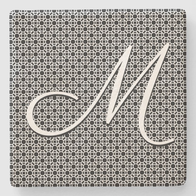 Black & White Geometric Initial Monogram Stone Coaster (Front)