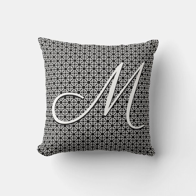 Black & White Geometric Initial Monogram Throw Pillow (Front)