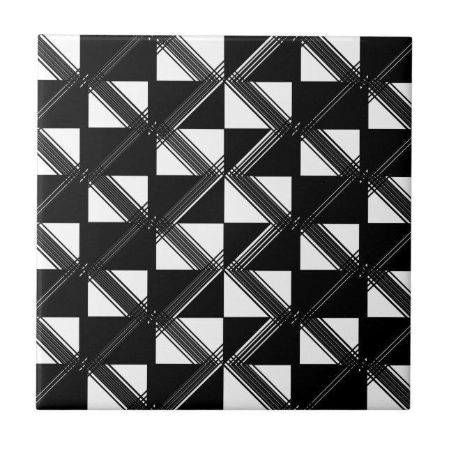 Black White Geometric Line Pattern Modern Check Ceramic Tile (Front)