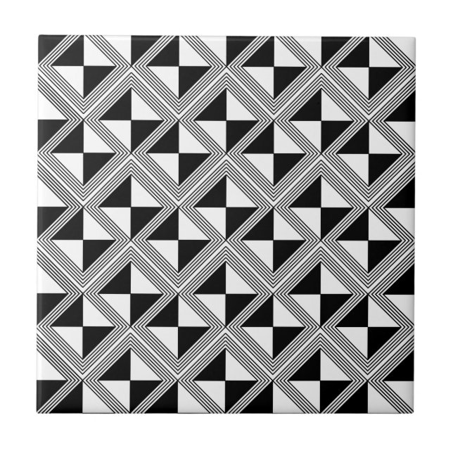 Black White Geometric Line Pattern Modern Check  Ceramic Tile (Front)