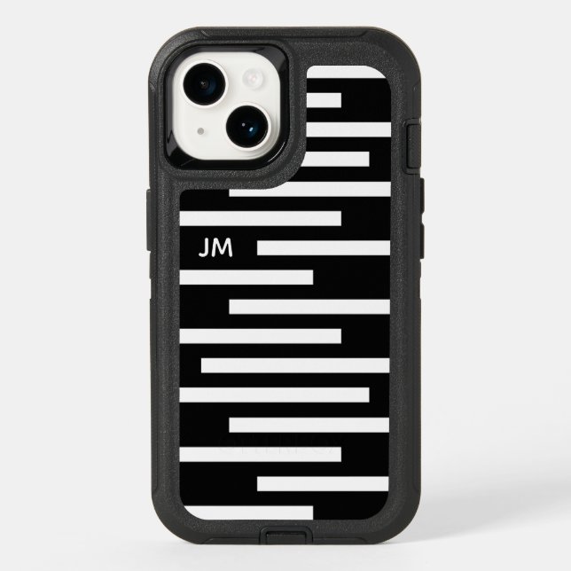 Black White Geometric Lines with Monogram Otterbox iPhone Case (Back)