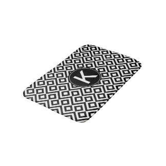 Black White Geometric Meander with Custom Monogram Bathroom Mat