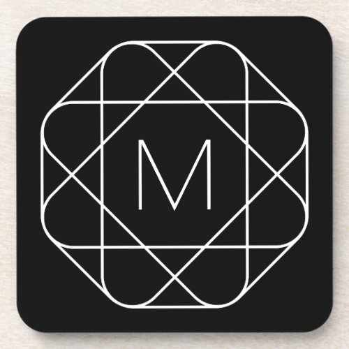 Black  White Geometric Monogram Beverage Coaster