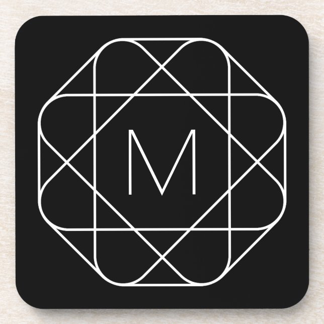Black & White Geometric Monogram Beverage Coaster (Front)