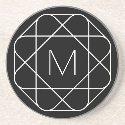 Black  White Geometric Monogram Coaster