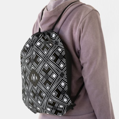 BlackWhite Geometric Monogram Drawstring Bag