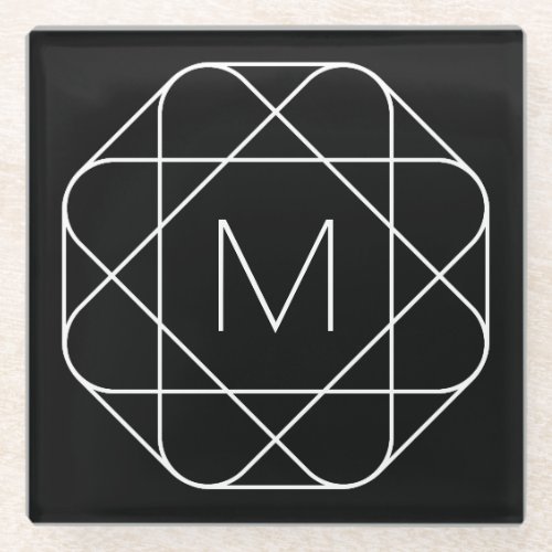 Black  White Geometric Monogram Glass Coaster