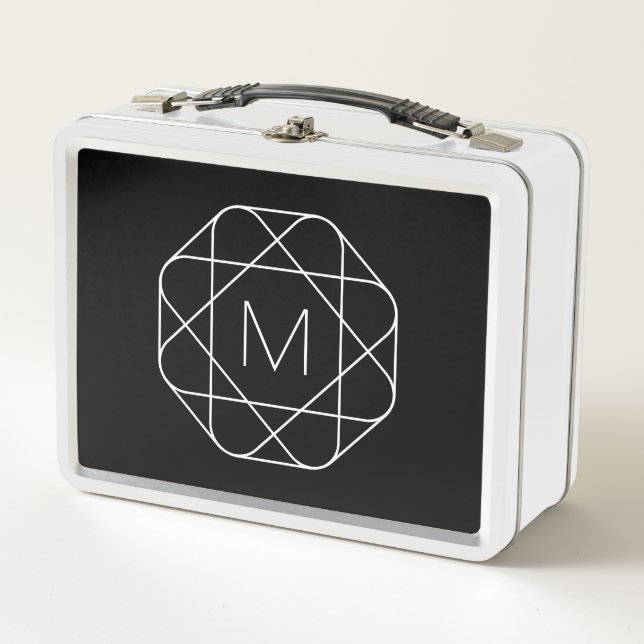 Black & White Geometric Monogram Metal Lunch Box (Front)