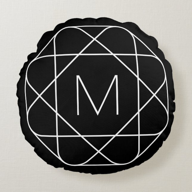 Black & White Geometric Monogram Round Pillow (Front)