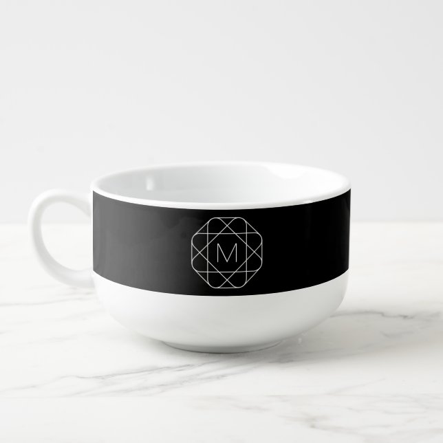 Black & White Geometric Monogram Soup Mug (Right)