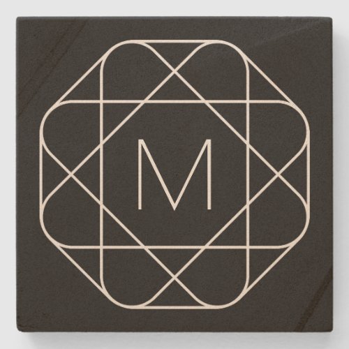 Black  White Geometric Monogram Stone Coaster