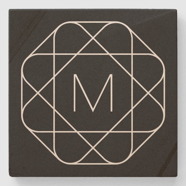 Black & White Geometric Monogram Stone Coaster (Front)