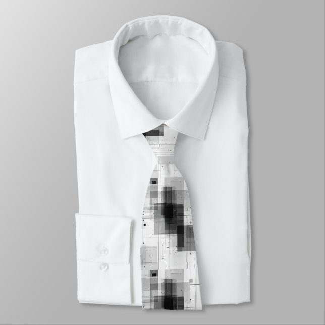 Black White Geometric Pattern Dressy Neck Tie (Tied)