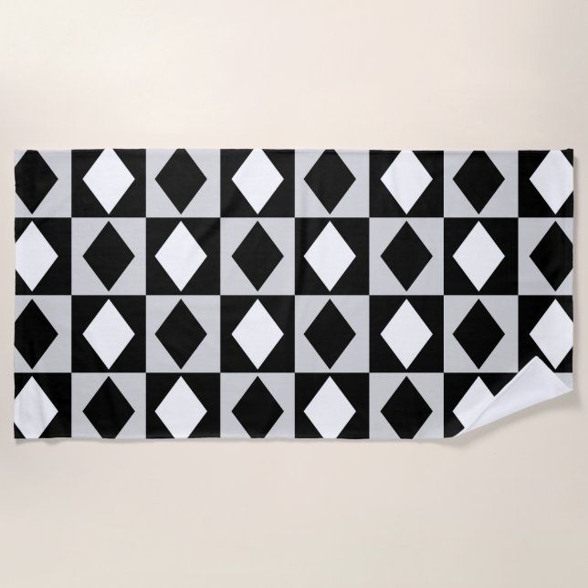 Black White Geometric Rhombus Diamond Beach Towel (Front)
