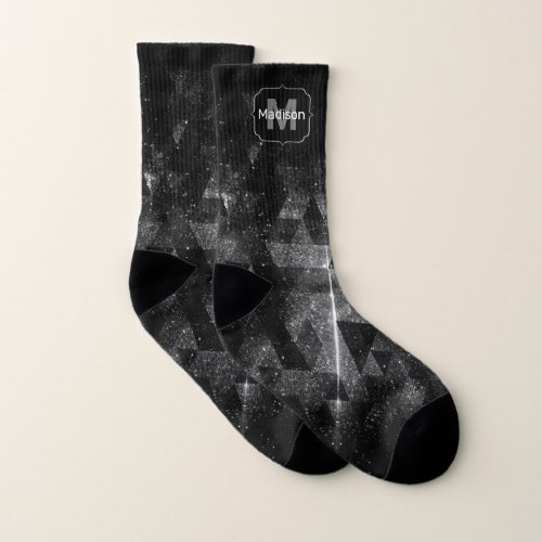 Black white geometric sparkly abstract Monogram Socks