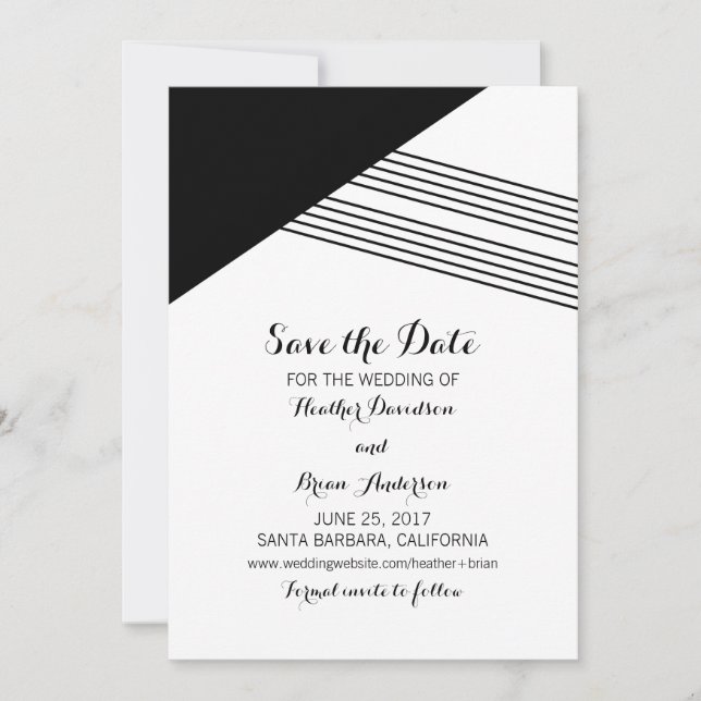 Black White Geometric Stripe Save the Date Invite (Front)
