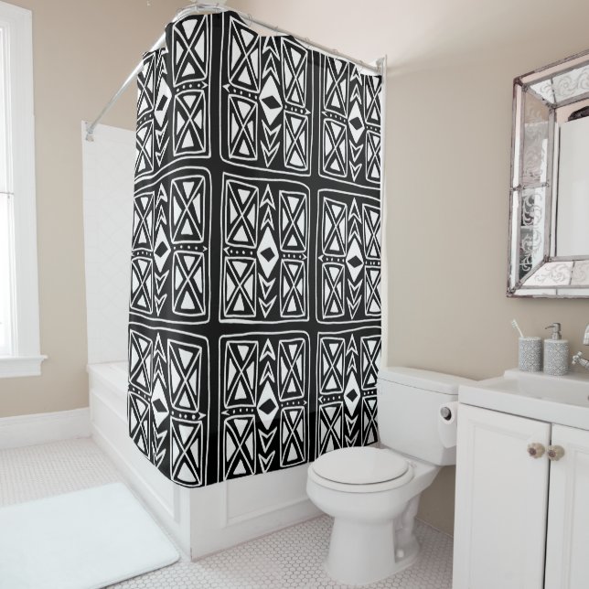 Black & White Geometric Tile Pattern Shower Curtain (In Situ)