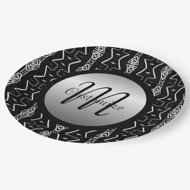 Black & White Geometric Triangles Paper Plates (Angled)