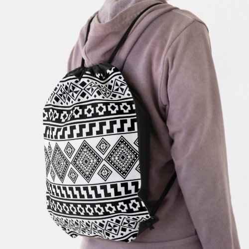 Black White Geometric Tribal Pattern Aztec Boho Drawstring Bag