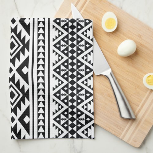 Black White Geometric Tribal Pattern Aztec Boho Kitchen Towel