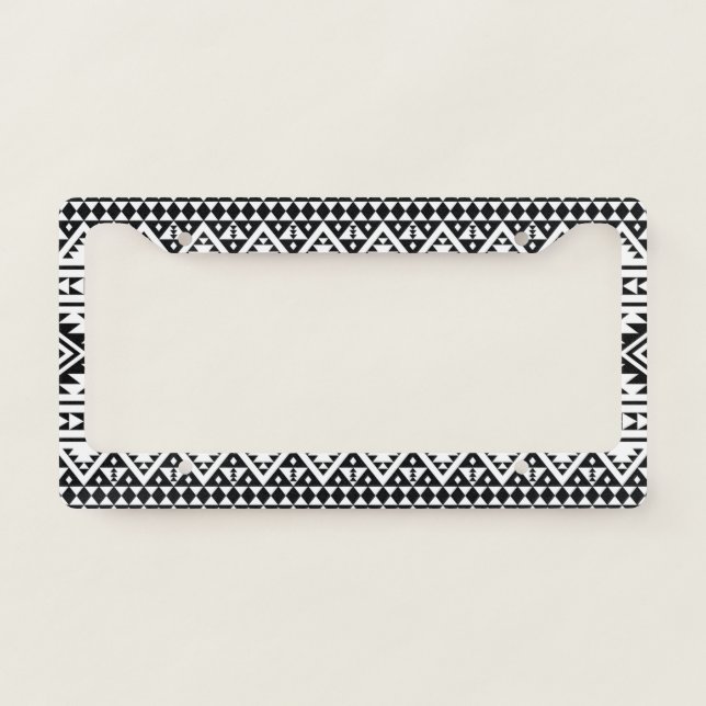 Black White Geometric Tribal Pattern Aztec Boho License Plate Frame (Front)