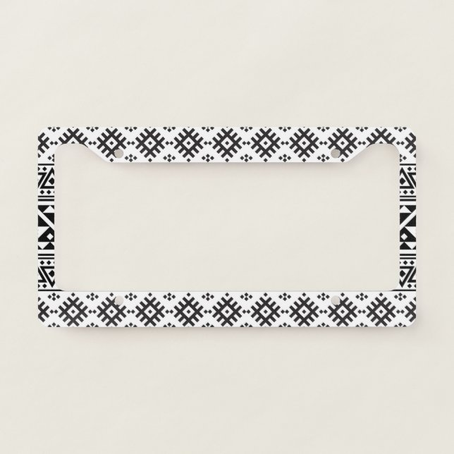 Black White Geometric Tribal Pattern Aztec Boho License Plate Frame (Front)