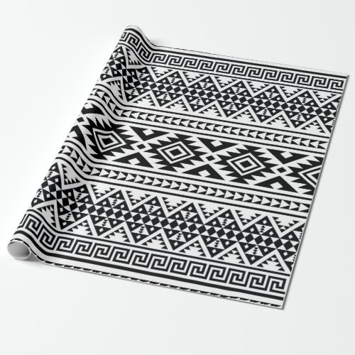 Black White Geometric Tribal Pattern Aztec Boho Wrapping Paper