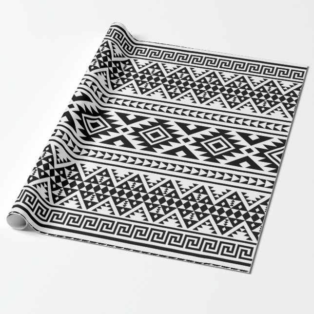 Black White Geometric Tribal Pattern Aztec Boho Wrapping Paper (Unrolled)