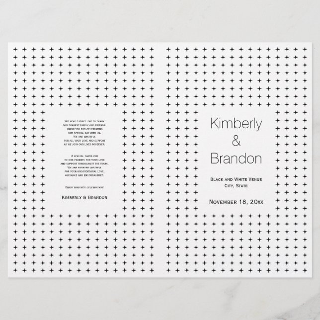 Black, white geometric wedding folded program (Front)