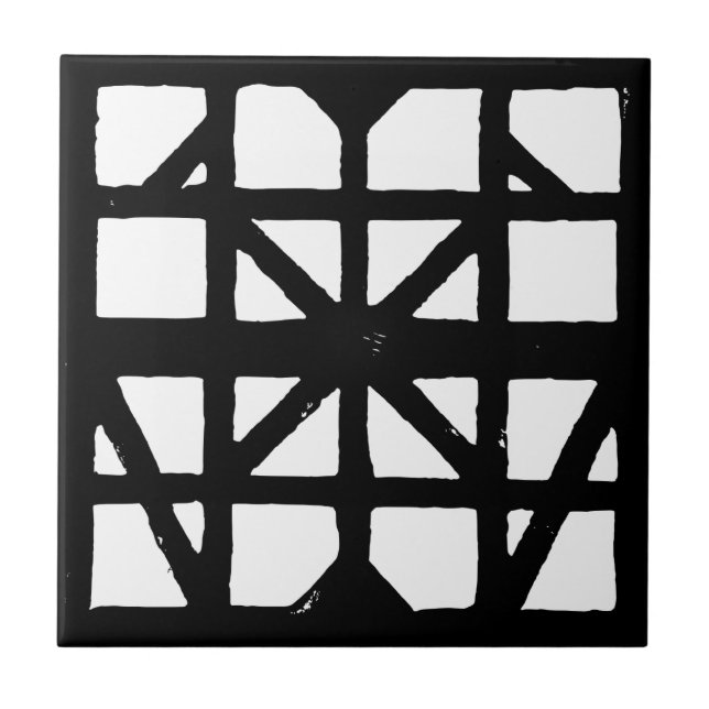 Black & White German Half-Timbered House Pattern Ceramic Tile (Front)
