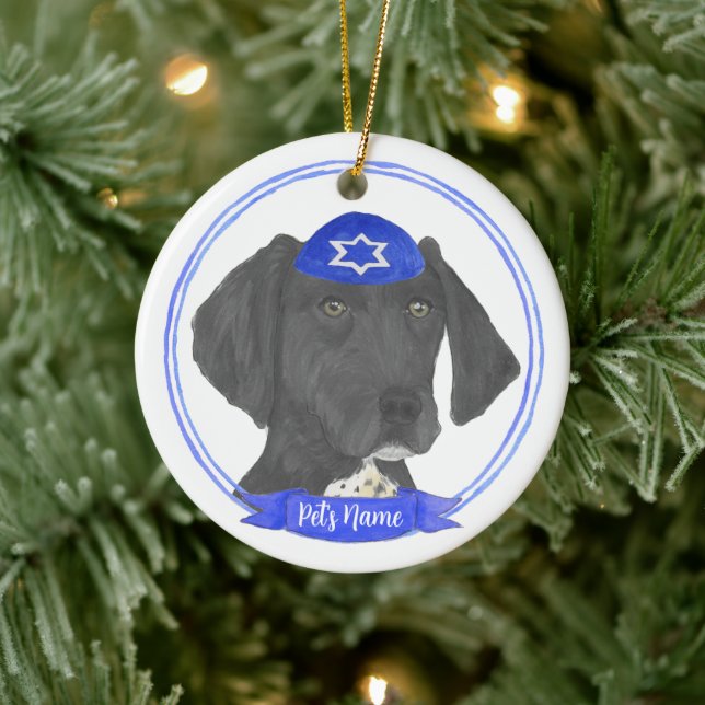 Black & White German Shorthaired Pointer Hanukkah Ceramic Ornament (Tree)