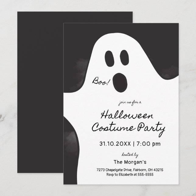 Black & White Ghost Halloween Costume Party  Invitation (Front/Back)