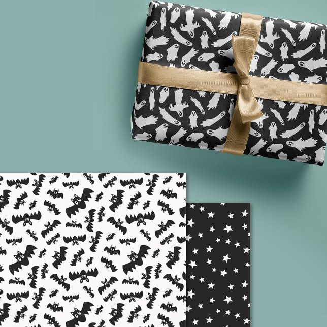 Black White Ghosts Bats Stars Halloween Patterns Wrapping Paper Sheets (Creator Uploaded)