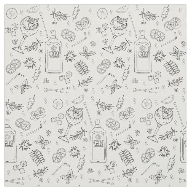 Black White Gin Tonic Cocktail Ingredients Pattern Fabric (Swatch)