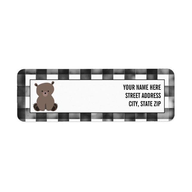 Black + White Gingham Bear Baby Shower Label (Front)