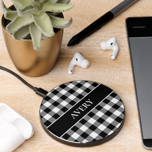 Black White Gingham Check Pattern with Name Wireless Charger