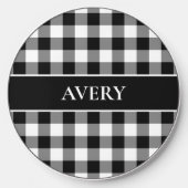 Black White Gingham Check Pattern with Name Wireless Charger (Front)