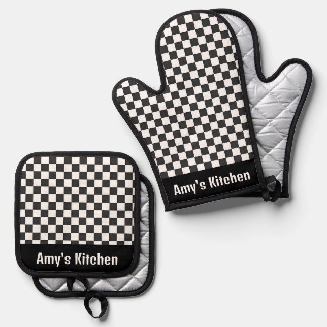 Black White Gingham Checks Design Oven Mitt & Pot Holder Set (Front/Back)