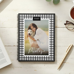  Black White Gingham Custom Script Name Photo Planner