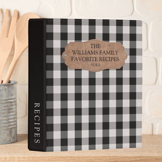 Black White Gingham Linen Farmhouse Family Recipe Mini Binder (In situ)