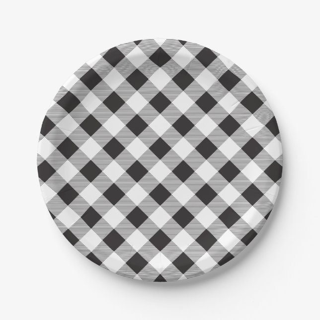 Black & White Gingham Pattern, Picnic, BBQ Paper Plates (Front)
