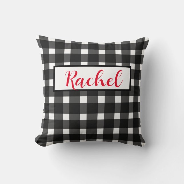 Black White Gingham Personalized  Throw Pillow (Front)