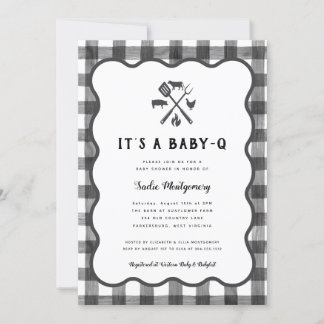 Black White Gingham Plaid Baby Q Baby Shower Invitation