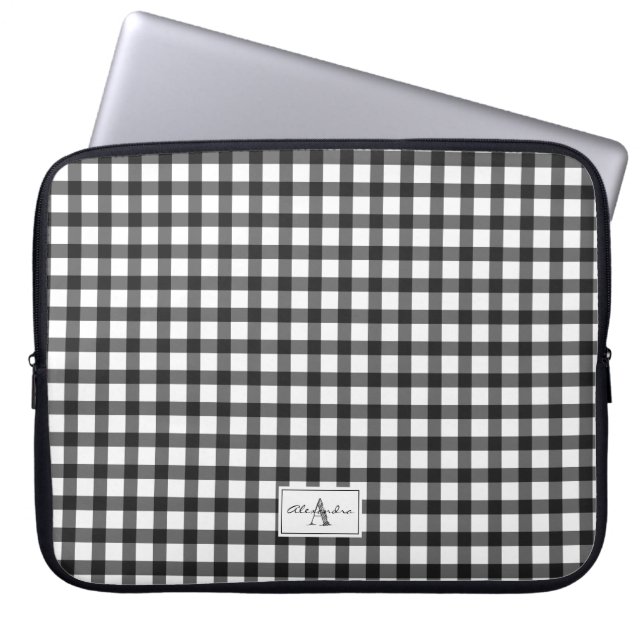 Black White Gingham Plaid Checked Pattern Monogram Laptop Sleeve (Front)