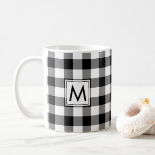 Black White Gingham Plaid Pattern with Monogram Coffee Mug