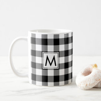 Black White Gingham Plaid Pattern with Monogram Coffee Mug