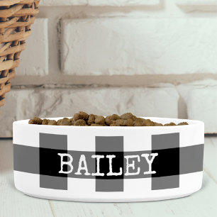 Black White Gingham Plaid Personalized Dog Bowl