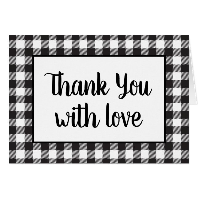 Black White Gingham Plaid Rustic Wedding Thank You Cards (Front Horizontal)
